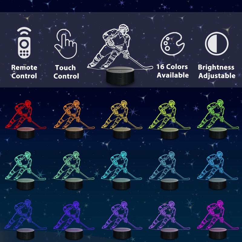 Lampeez Ice Hockey Player 3D Night Lights for Kids LED 16 Colors Remote Control Changing Touch Dimmable Table Desk Lamp Birthday Xmas Gifts Home Decor for Sports Hockey Fan - Image 2